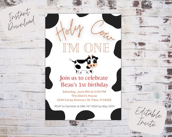 Bearbeitbare Kuh Geburtstagseinladung, heilige Kuh Kinder 1. Geburtstag oder jedes Alter, heilige Kuh Party, heilige Kuh Geburtstag einladen, sofortiger Download