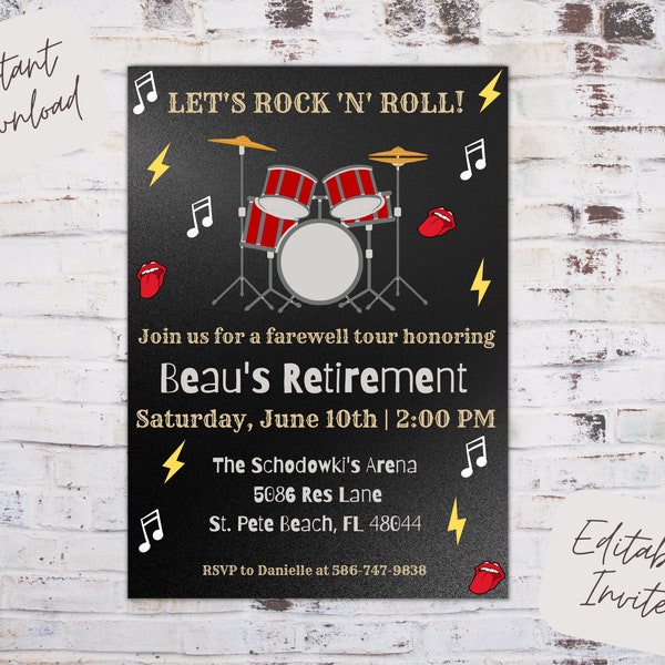 Editable rock 'n' roll retirement invitation, retirement party invite, surprise retirement invite, rockstar retirement, instant download