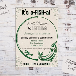 Editable fishing retirement party invitation, retirement party invite, surprise retirement invite, officially retired, instant download