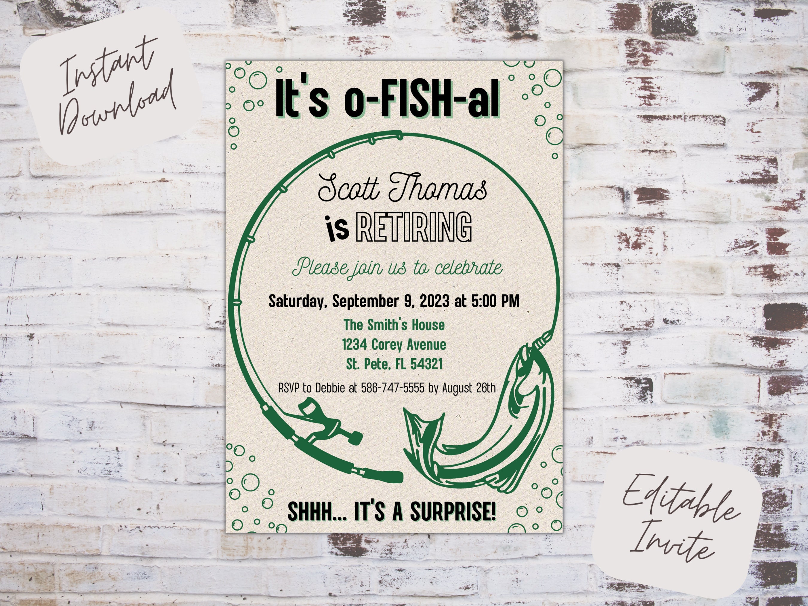 Editable fishing retirement party invitation, retirement party invite, surprise retirement invite, officially retired, instant download