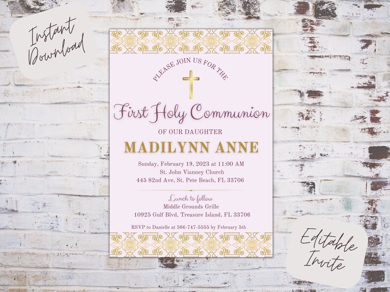 Editable First Holy Communion Invitation, First Communion Invite, First