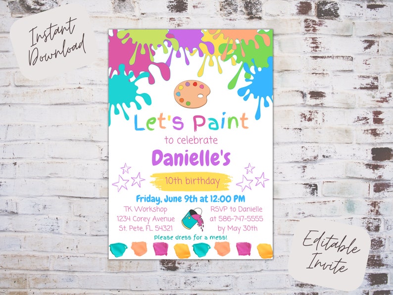 Editable Art Birthday Invitation, Let's Paint Invite, Painting Birthday