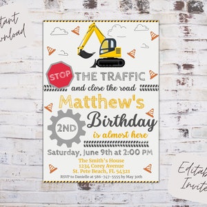 Editable construction birthday invite, construction birthday invitation, excavator birthday invite, road work invite, instant download