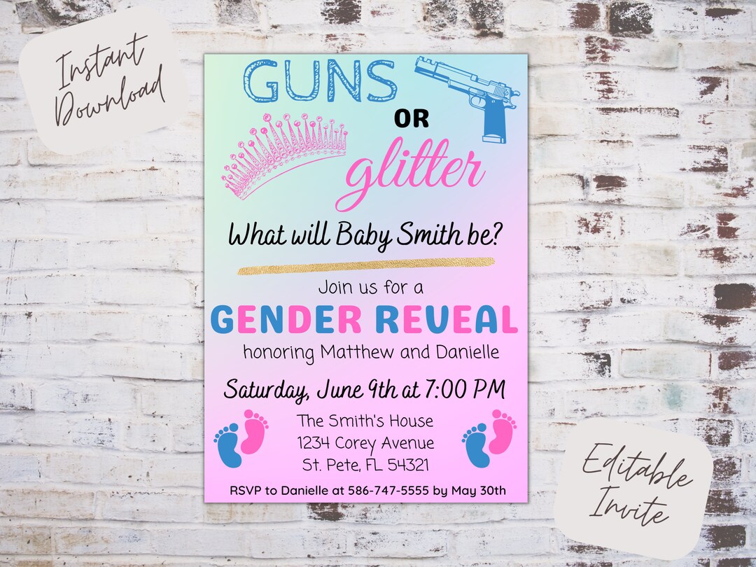 Editable Glitter or Guns Gender Reveal Invitation, Guns or Glitter