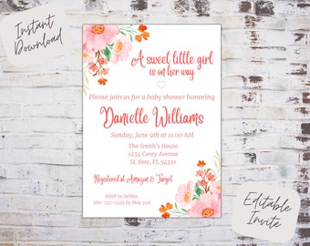 Editable floral baby shower invitation, baby girl shower invite, floral baby shower invite, pink baby shower invite, instant download