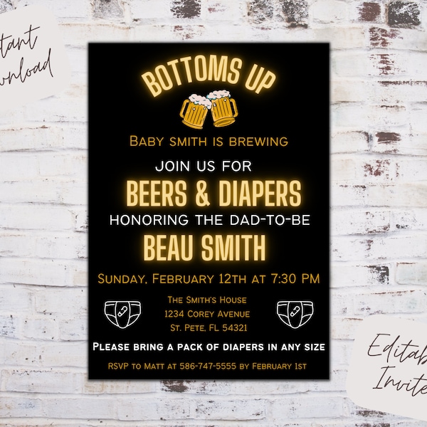 Editable diaper party invite, beer and diaper party, diaper party invite, diaper and beer party, diaper party invitation, instant download