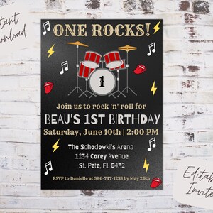 Editable One Rocks Birthday Invitation, Rock N Roll Birthday Invite ...