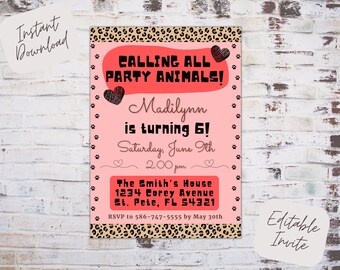 Invitación de cumpleaños de animales de fiesta editable, llamando a todos los animales de fiesta, cumpleaños con estampado de guepardo, cumpleaños de animales de fiesta, descarga instantánea