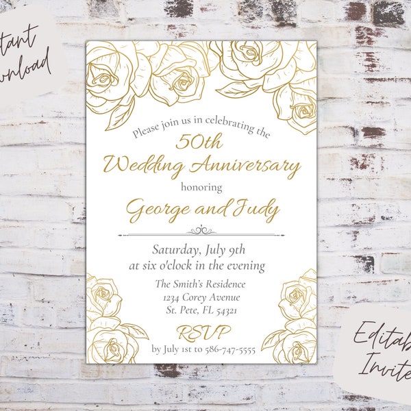 Editable 50th wedding anniversary invitation, golden wedding invite, 50th anniversary, wedding anniversary invite, instant download