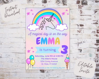 Editable Unicorn Party Invitation, Rainbow Invitation, Magical Birthday Invitation, Unicorn Birthday Invitation, Instant download