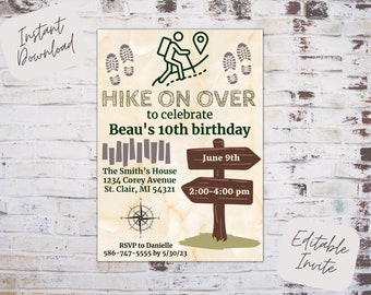 Editable hiking birthday invitation, hiking birthday invite, hike on over, hiking birthday party, hiking themed party, instant download