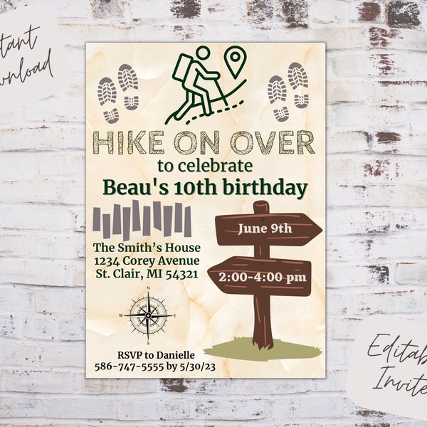 Editable hiking birthday invitation, hiking birthday invite, hike on over, hiking birthday party, hiking themed party, instant download