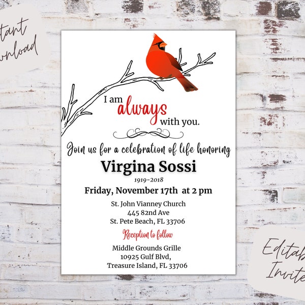 Editable celebration of life invitation, celebration of life invite, cardinal invitation, in memory invite, instant download