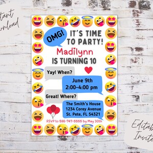 Editable emoji birthday invite, emoji birthday party, emoji birthday invitation, texting birthday invite, emoji party, instant download