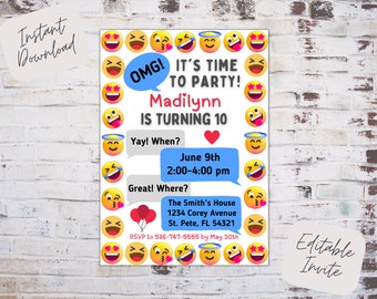 Editable emoji birthday invite, emoji birthday party, emoji birthday invitation, texting birthday invite, emoji party, instant download