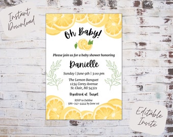 May include: A yellow and white baby shower invitation with a lemon theme. The invitation says "Oh Baby!" and includes the text "Please join us for a baby shower honoring Danielle".