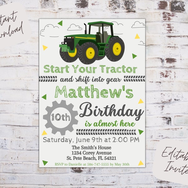 Editable tractor birthday invitation, green tractor birthday invite, tractor party invite, tractor birthday invitation, instant download