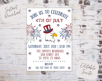 Editable 4th of July invitation, 4th of July invite, Independence Day invite, red white and blue invite, American invite, Instant download