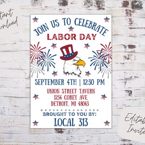 Editable Labor Day invitation, Labor Day local union invite, Labor Day invite, American invite, red white and blue, instant download