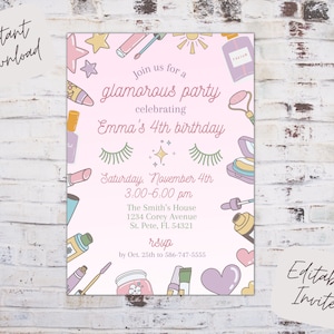 Bewerkbare glamoureuze verjaardagsuitnodiging, make-up verjaardagsuitnodiging, make-up feest, make-up uitnodiging, meisje verjaardagsuitnodiging, instant download