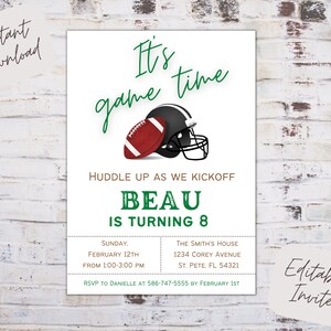 Editable football birthday invite, football birthday invitation, football party invite, it&#39;s game time, football invite, instant download
