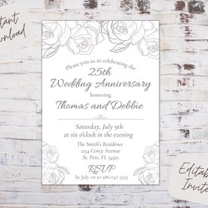 Bearbeitbare Einladung zum 25. Hochzeitstag, silberne Hochzeitseinladung, 25-jähriges Jubiläum, Hochzeitstag einladen, sofortiger Download