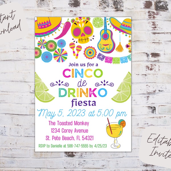 Editable Cinco de Drinko fiesta invitation, Cinco de Mayo fiesta invitation, Mexican Invite, Cinco de Mayo, Instant download