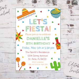 Editable let&#39;s fiesta birthday invitation, fiesta birthday invite, Mexican fiesta birthday, fiesta birthday party, instant download