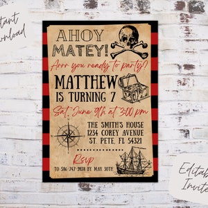 Editable pirate birthday party invitation, ahoy mate invite, pirate birthday invite, pirate party, instant download