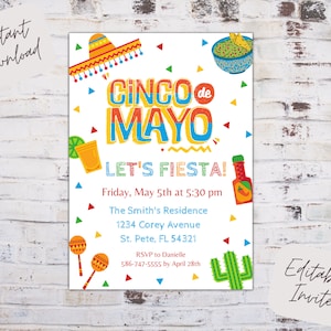 Editable cinco de mayo invitation, cinco de mayo party, cinco de mayo invite, let's fiesta invite, instant download