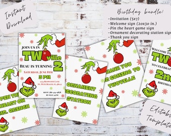 Puede incluir: Conjunto de 5 carteles de fiesta de cumpleaños con temática de Grinch para imprimir. Los carteles incluyen una invitación, un cartel de bienvenida, un cartel de juego "Pin the heart on Mr. Grinch", un cartel de estación de decoración de adornos y un cartel de agradecimiento. Los carteles presentan un personaje verde de Grinch con acentos rojos y blancos.