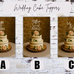 May include: Three wedding cake toppers with different designs. The first topper says "MR & MRS". The second topper says "Matthew & Danielle 09.25.20". The third topper says "M & D".