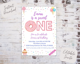 Editable donut invitation, donut birthday invite, sweet one invitation, 1st birthday invitation, sweet one birthday invite, instant download