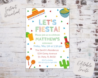 Editable let&#39;s fiesta retirement invitation, fiesta retirement invite, Mexican fiesta retirement, instant download