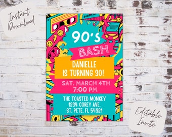 Bewerkbare jaren 90 verjaardagsuitnodiging, jaren 90 thema verjaardagsuitnodiging, jaren 90 feest, jaren 90 thema uitnodiging, jaren 90 bash, terug naar de jaren 90, instant download