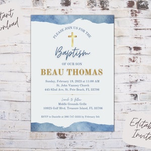 Editable Christening Invitation Boy, Baptism Invitation, Printable Baptismal Invitation, Blue Gold Christening, Instant Download