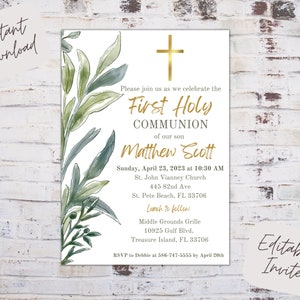 Editable First Holy Communion invitation, greenery First Communion invite, First Holy Communion Invite, instant download