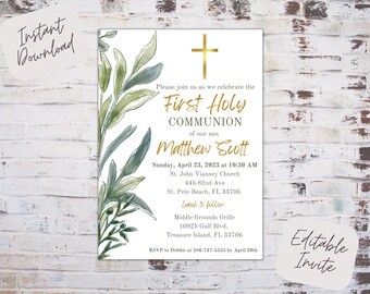 May include: A white invitation with green watercolor leaves and a gold cross. The text reads "Please join us as we celebrate the First Holy Communion of our son Matthew Scott. Sunday, April 23, 2023 at 10:30 AM. St. John Vianney Church, 445 82nd Ave, St. Pete Beach, FL 33706. Lunch to follow. Middle Grounds Grille, 10925 Gulf Blvd., Treasure Island, FL 33706. RSVP to Debbie at 586-747-5555 by April 20th."