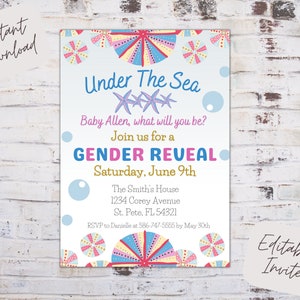 Editable under the sea gender reveal invitation, seashell gender reveal invite, ocean starfish gender reveal invite, instant download