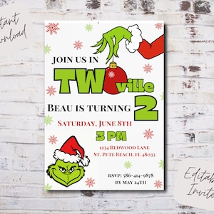 Bewerkbare twoville-verjaardagsuitnodiging, 2e verjaardagsuitnodiging, 2e verjaardag kerstthema, rood en groen 2e verjaardag, instant download