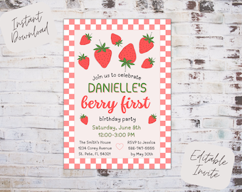 Editable berry 1st birthday invitation, berry first birthday invite, strawberry birthday invite, 1st birthday invite, instant download