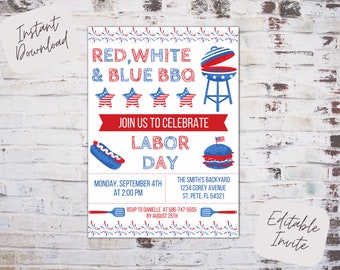 Editable Labor Day barbecue invitation, Labor Day BBQ, Labor Day invite, Labor Day party, red white and blue, Instant download