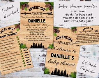 Editable adventure awaits baby shower bundle, outdoor baby shower, woods theme baby shower, forest baby shower, instant download