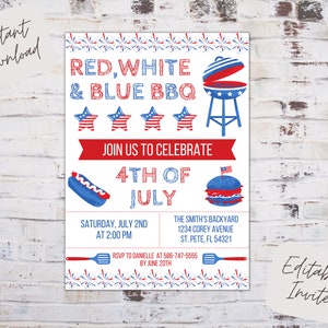 Editable 4th of July BBQ invitation, 4th of July barbecue, 4th of July invite, Independence Day invite, red white and blue, instant download