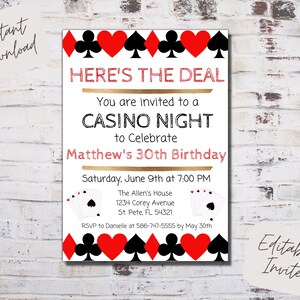 Editable Casino Birthday Invitation, Poker Birthday invitation, Casino Night Invite, Poker Party, Instant Download, Editable Template