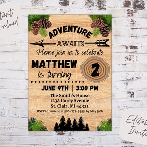 Editable adventure awaits birthday invitation, outdoor birthday invite, adventure awaits birthday, forest theme birthday, instant download