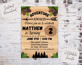 Editable adventure awaits birthday invitation, outdoor birthday invite, adventure awaits birthday, forest theme birthday, instant download