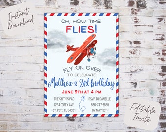 May include: A red, white, and blue airplane-themed birthday invitation with a cartoon airplane flying through clouds. The invitation says "Oh, how time flies!" and "Fly on over to celebrate Matthew's 2nd birthday." The invitation also includes the date, time, and RSVP information.