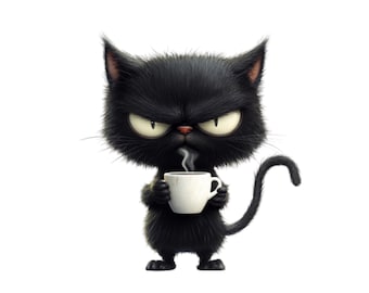 May include: A black cat with a grumpy expression holds a white coffee mug with steam coming out of it.