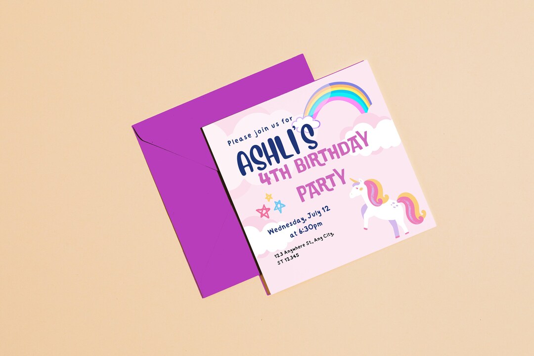 DIY Digital Unicorn Party Invitation Canva Template Electronic Birthday Invite All Purpose